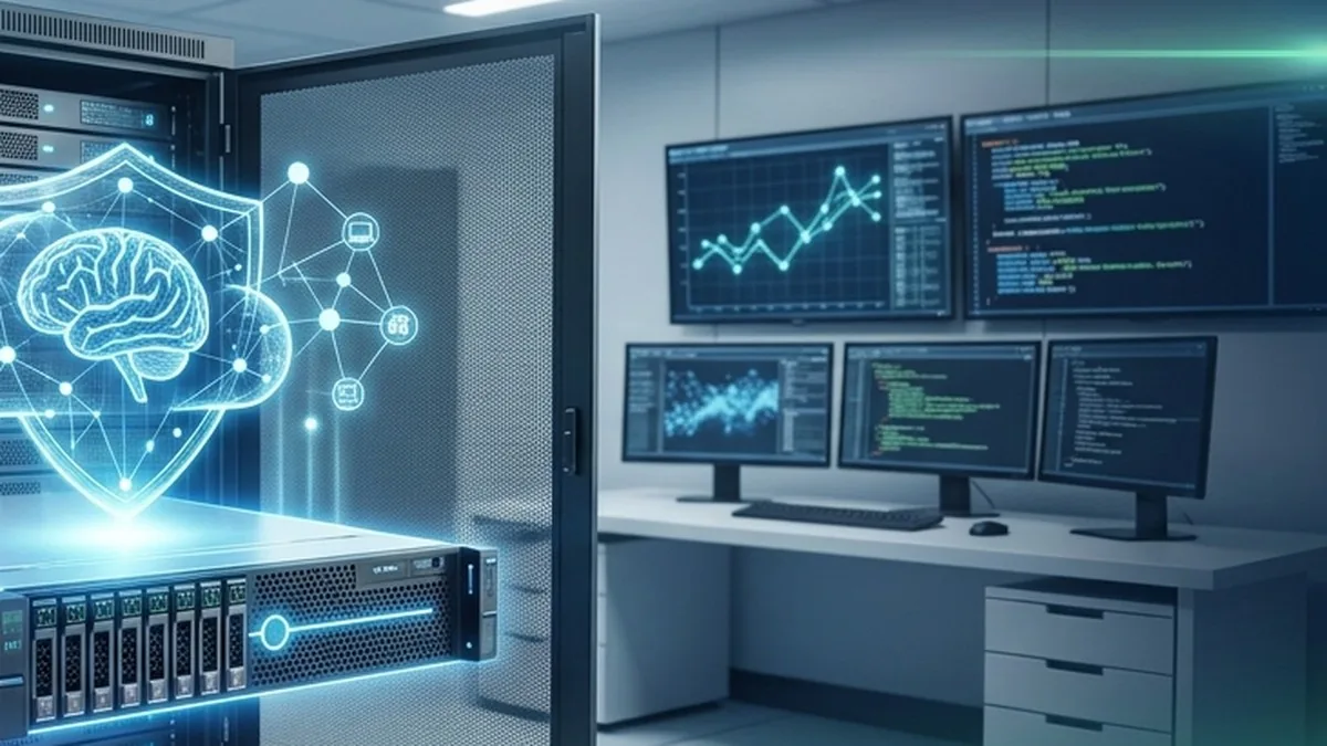 Ilustración de una sala de servidores con un modelo de inteligencia artificial representado sobre el rack, junto a monitores de trabajo