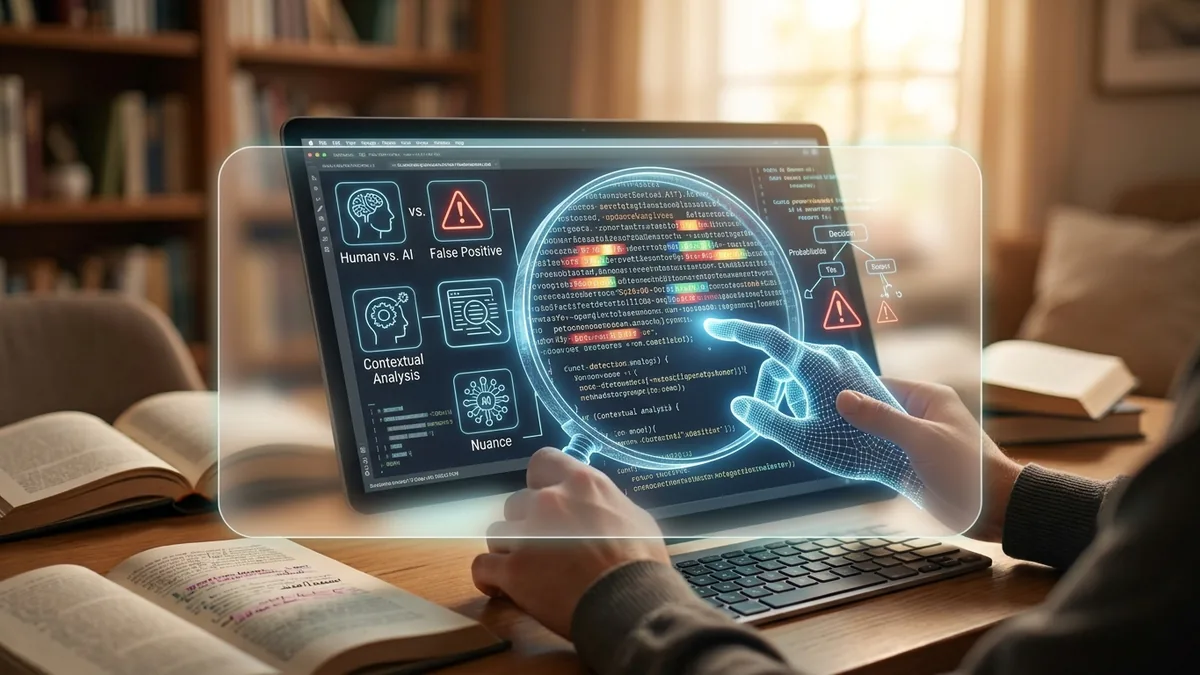 Manos sobre una laptop con un análisis de texto en pantalla y alertas de falso positivo, junto a libros abiertos